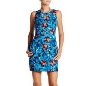J.Crew Floral Sheath Dress Womens Size 0 Blue Coral Sleeveless Excellent Pockets